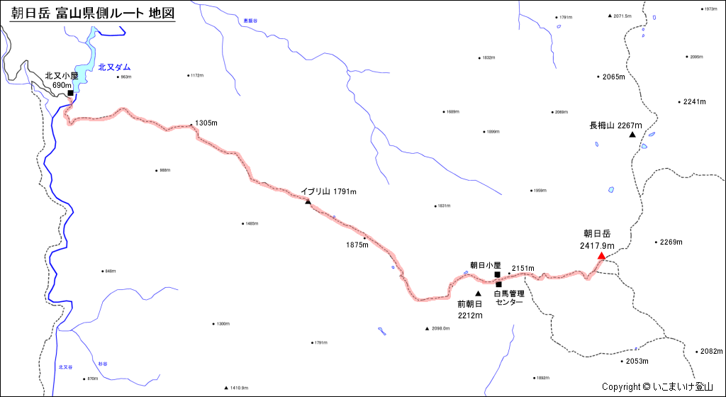 富山県側から朝日岳への登山ルート地図