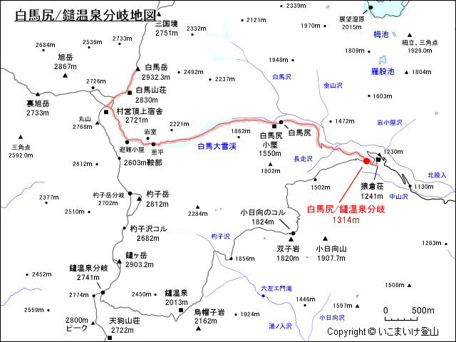 白馬岳 白馬尻/鑓温泉分岐地図