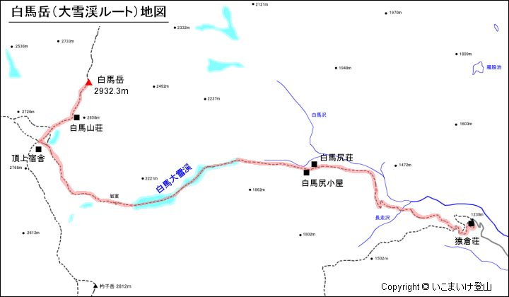 猿倉荘から白馬岳への登山ルート地図