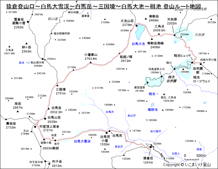 猿倉登山口～白馬大雪渓～白馬岳～三国境～白馬大池～栂池 登山ルート地図