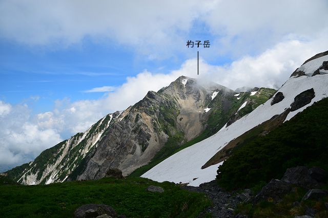 村営頂上宿舎下の登山道から眺めた杓子岳