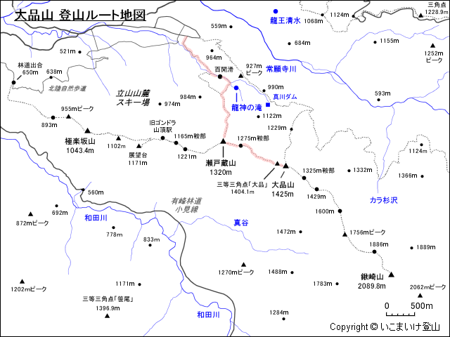 大品山地図、あわすのスキー場から大品山